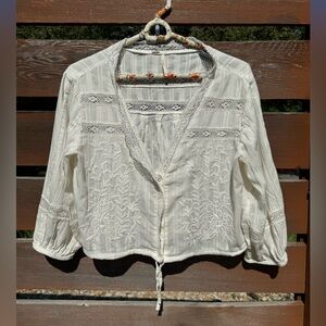 Free People White Embroidered Cropped Peasant Top Small
